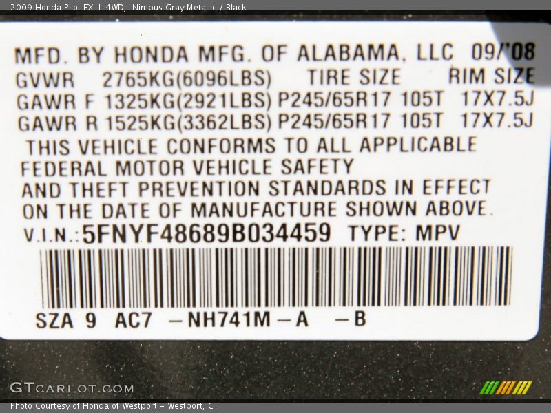 Nimbus Gray Metallic / Black 2009 Honda Pilot EX-L 4WD
