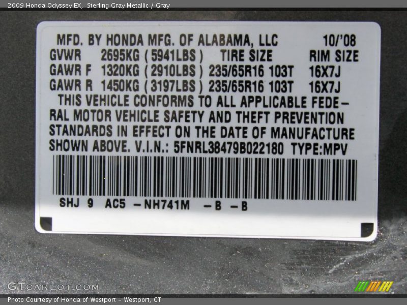 Sterling Gray Metallic / Gray 2009 Honda Odyssey EX