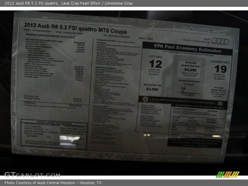  2012 R8 5.2 FSI quattro Window Sticker