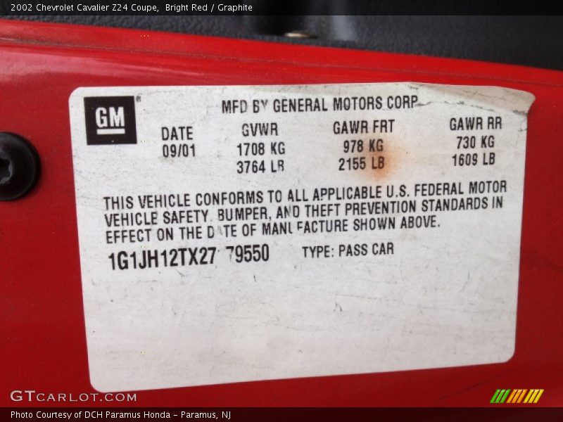 Info Tag of 2002 Cavalier Z24 Coupe