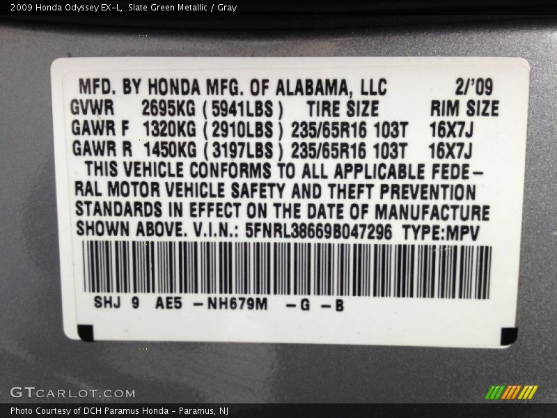 Slate Green Metallic / Gray 2009 Honda Odyssey EX-L