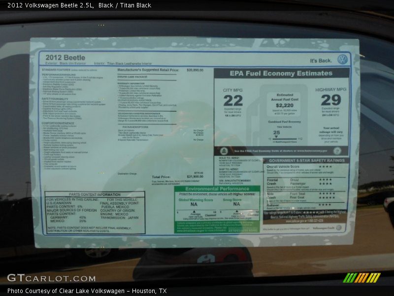  2012 Beetle 2.5L Window Sticker