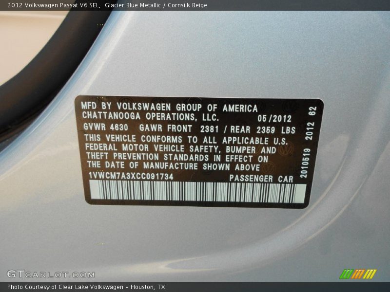Glacier Blue Metallic / Cornsilk Beige 2012 Volkswagen Passat V6 SEL