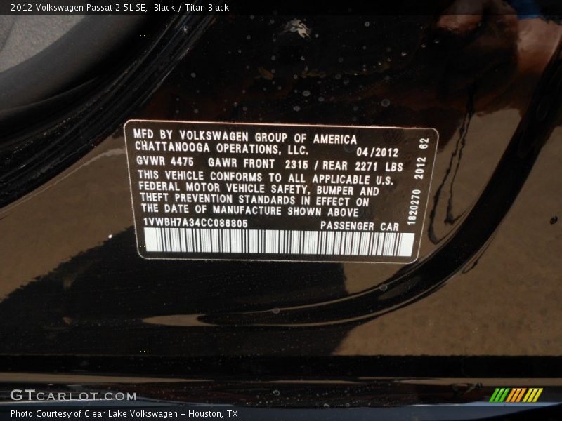 Black / Titan Black 2012 Volkswagen Passat 2.5L SE