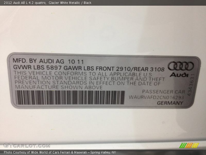 Glacier White Metallic / Black 2012 Audi A8 L 4.2 quattro