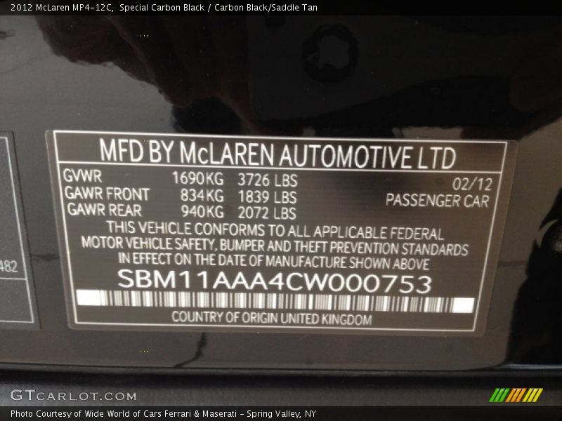 Info Tag of 2012 MP4-12C 