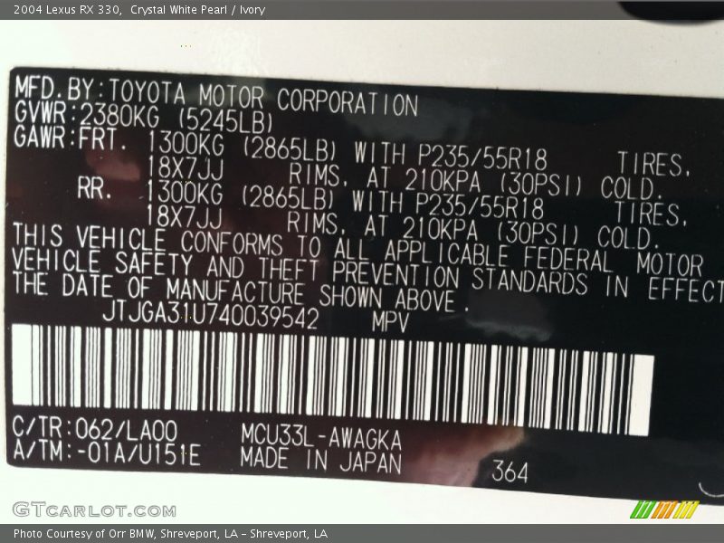 Crystal White Pearl / Ivory 2004 Lexus RX 330