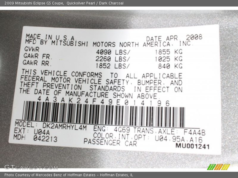 Quicksilver Pearl / Dark Charcoal 2009 Mitsubishi Eclipse GS Coupe