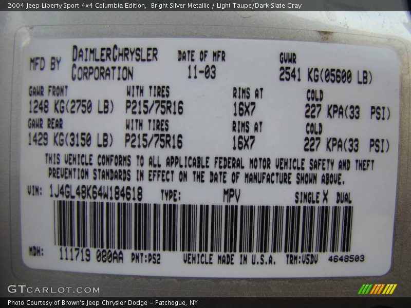 Bright Silver Metallic / Light Taupe/Dark Slate Gray 2004 Jeep Liberty Sport 4x4 Columbia Edition