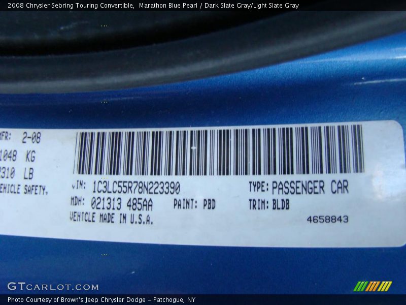 Marathon Blue Pearl / Dark Slate Gray/Light Slate Gray 2008 Chrysler Sebring Touring Convertible