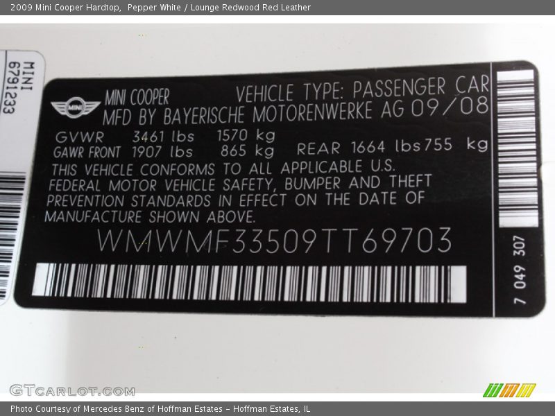 Pepper White / Lounge Redwood Red Leather 2009 Mini Cooper Hardtop