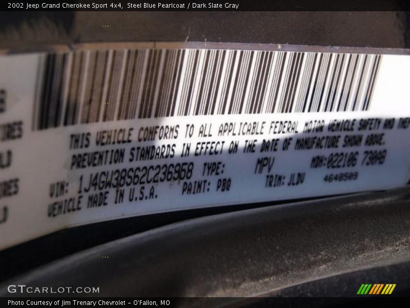 2002 Grand Cherokee Sport 4x4 Steel Blue Pearlcoat Color Code PBQ