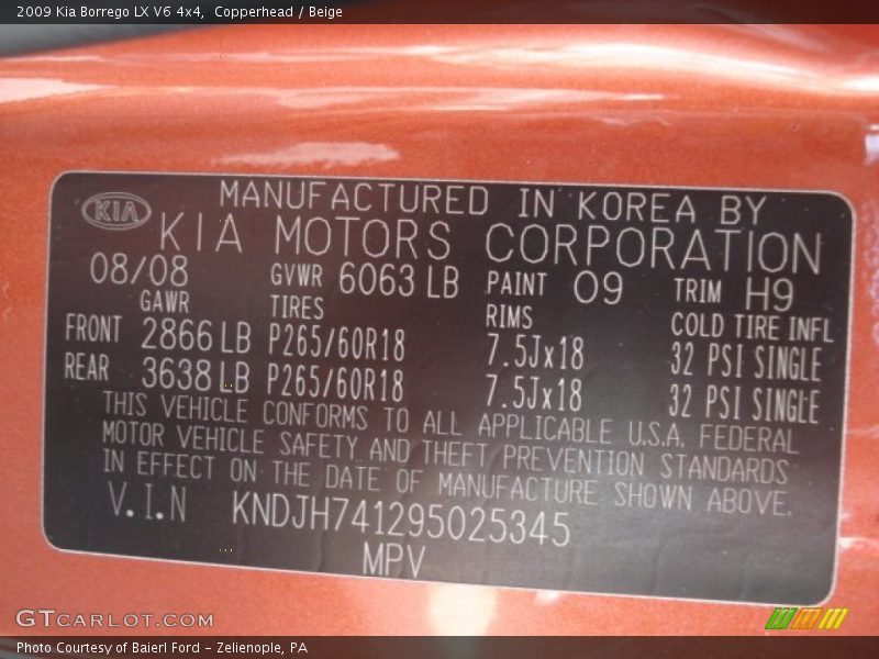 2009 Borrego LX V6 4x4 Copperhead Color Code 09