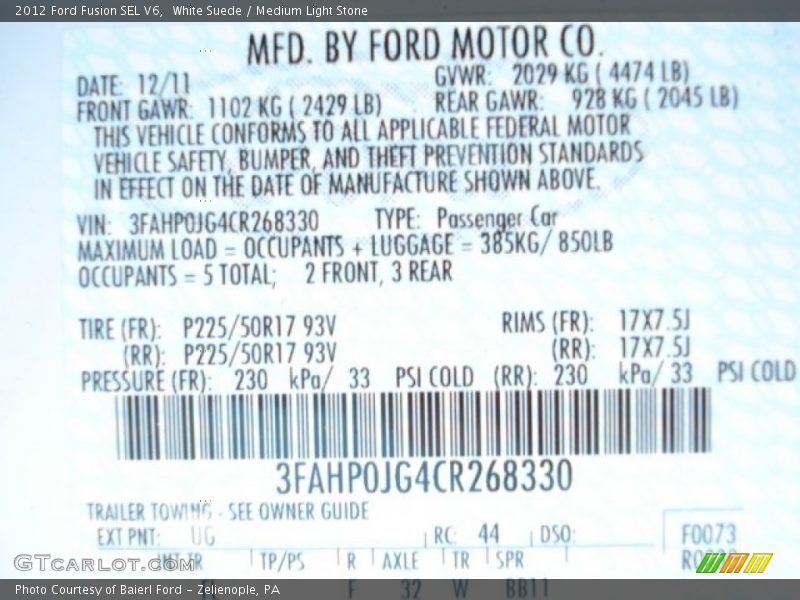 White Suede / Medium Light Stone 2012 Ford Fusion SEL V6