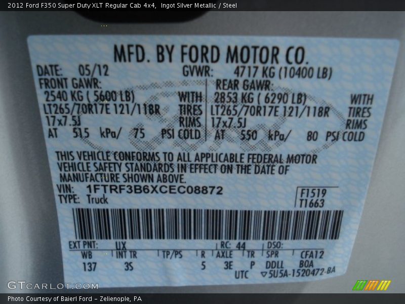 2012 F350 Super Duty XLT Regular Cab 4x4 Ingot Silver Metallic Color Code UX