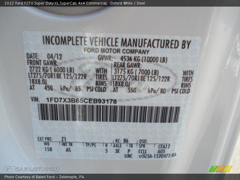 2012 F350 Super Duty XL SuperCab 4x4 Commercial Oxford White Color Code Z1