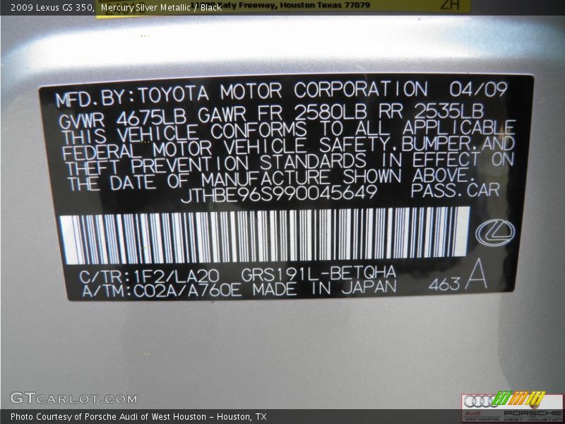 Mercury Silver Metallic / Black 2009 Lexus GS 350