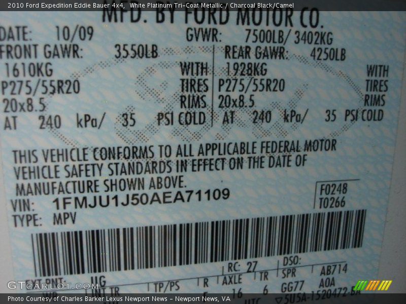 White Platinum Tri-Coat Metallic / Charcoal Black/Camel 2010 Ford Expedition Eddie Bauer 4x4