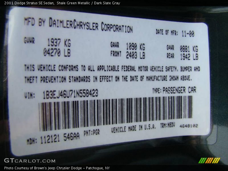 Shale Green Metallic / Dark Slate Gray 2001 Dodge Stratus SE Sedan