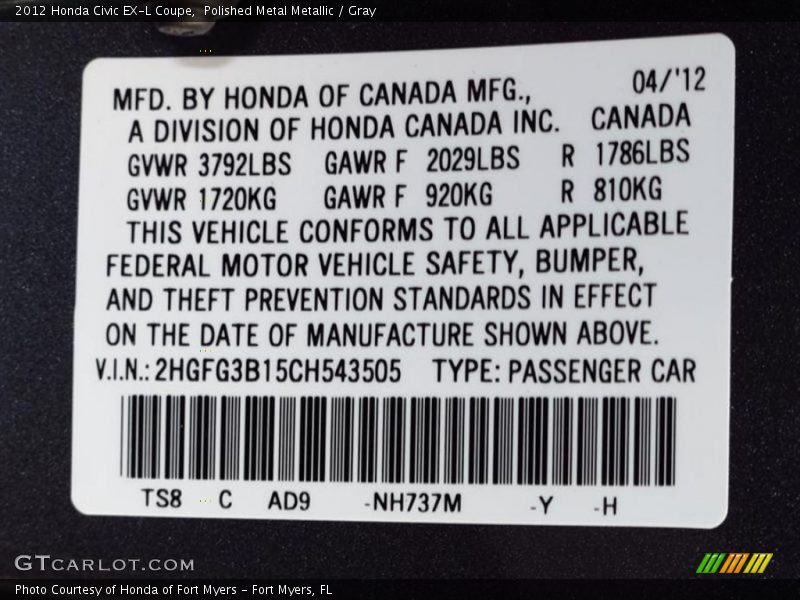 Polished Metal Metallic / Gray 2012 Honda Civic EX-L Coupe