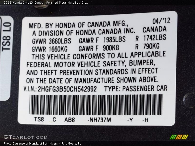 Polished Metal Metallic / Gray 2012 Honda Civic LX Coupe