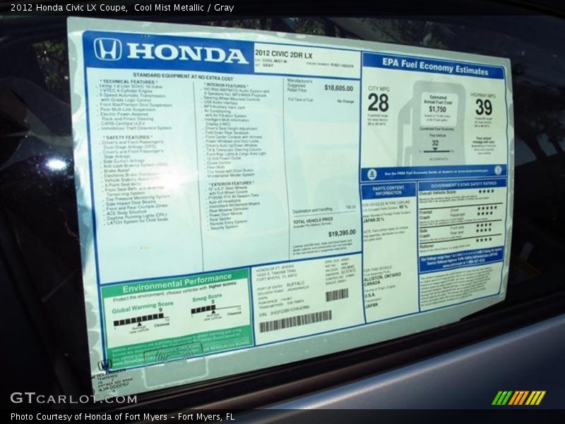 Cool Mist Metallic / Gray 2012 Honda Civic LX Coupe