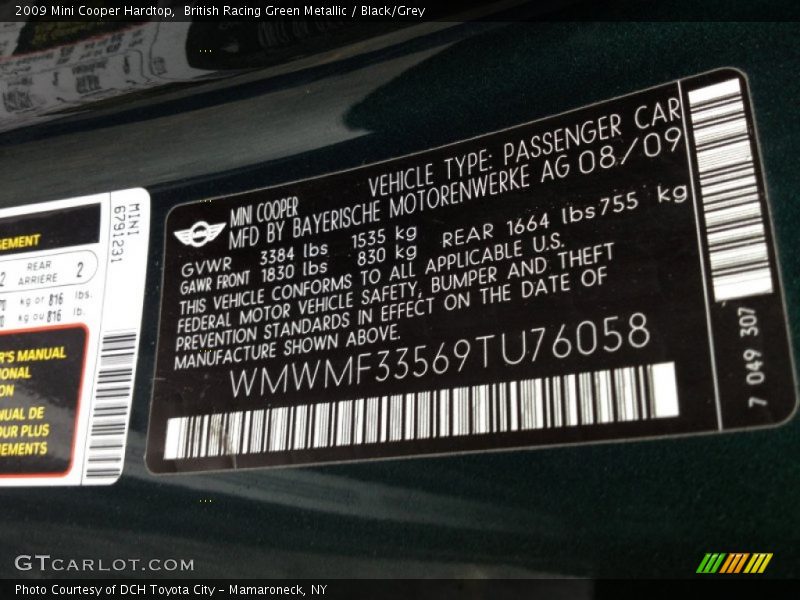 British Racing Green Metallic / Black/Grey 2009 Mini Cooper Hardtop