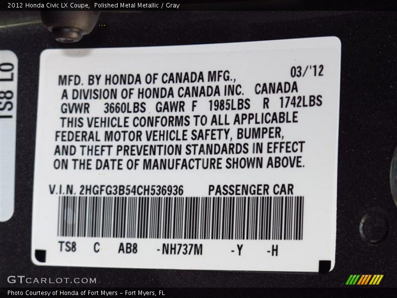 Polished Metal Metallic / Gray 2012 Honda Civic LX Coupe