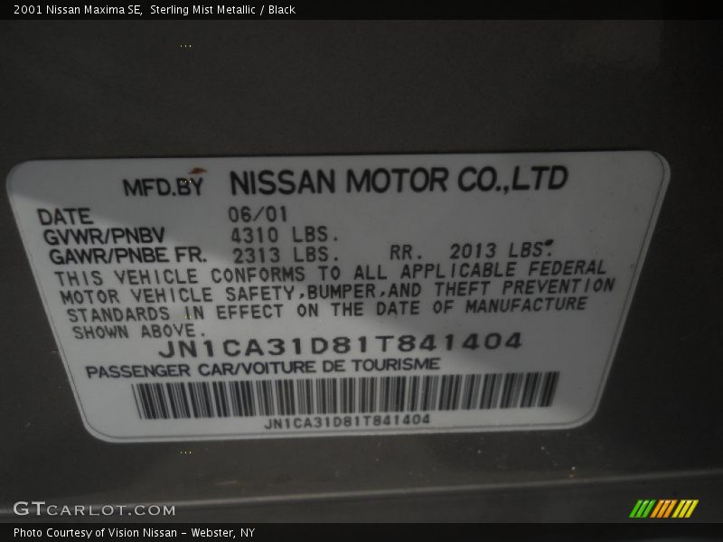 Sterling Mist Metallic / Black 2001 Nissan Maxima SE
