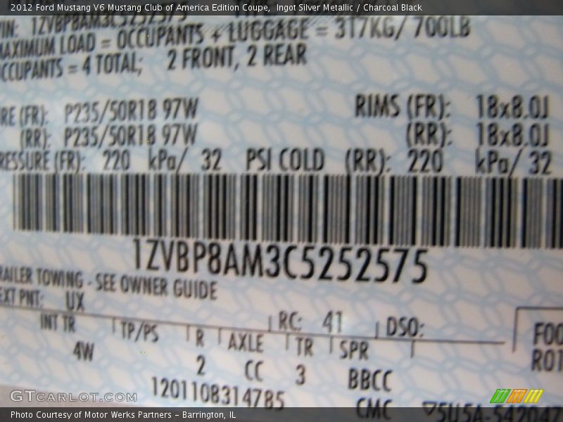 2012 Mustang V6 Mustang Club of America Edition Coupe Ingot Silver Metallic Color Code UX