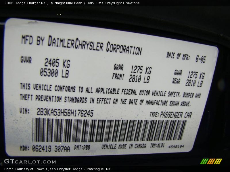Midnight Blue Pearl / Dark Slate Gray/Light Graystone 2006 Dodge Charger R/T