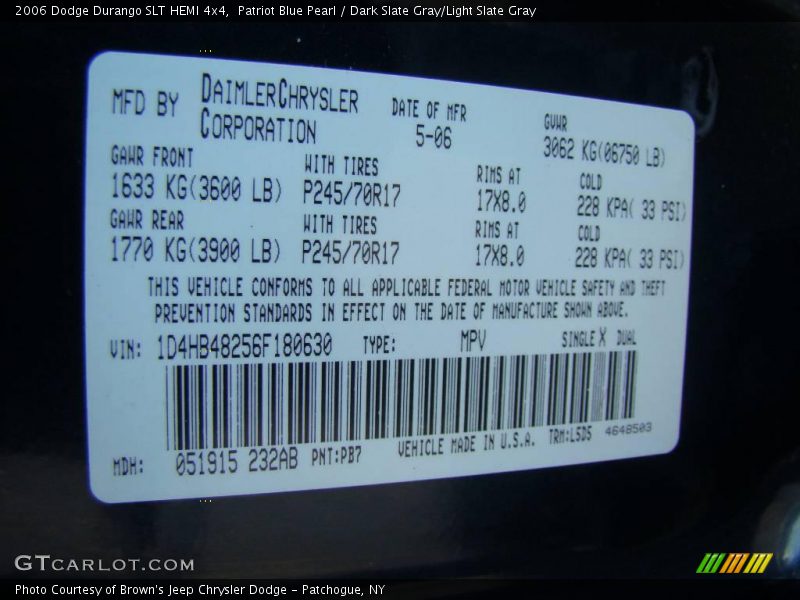 Patriot Blue Pearl / Dark Slate Gray/Light Slate Gray 2006 Dodge Durango SLT HEMI 4x4
