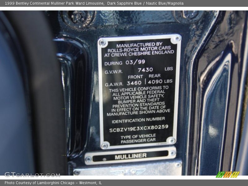 Info Tag of 1999 Continental Mulliner Park Ward Limousine