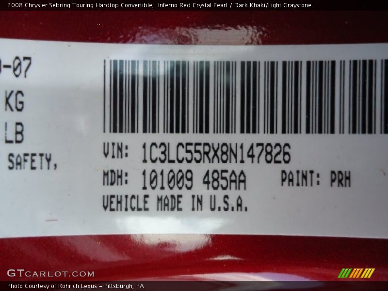 2008 Sebring Touring Hardtop Convertible Inferno Red Crystal Pearl Color Code PRH