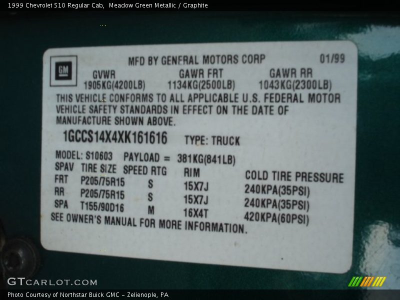 Info Tag of 1999 S10 Regular Cab