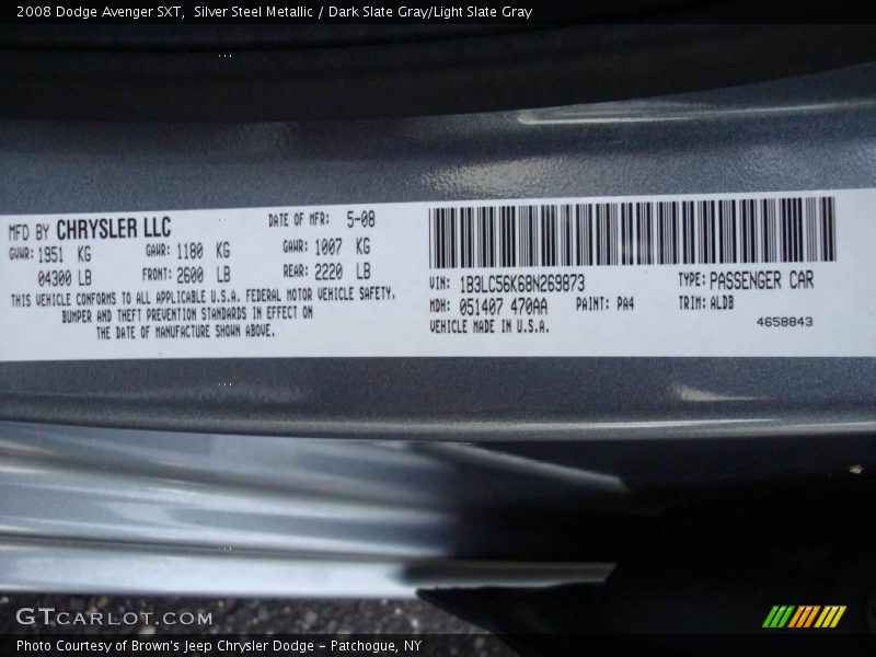 Silver Steel Metallic / Dark Slate Gray/Light Slate Gray 2008 Dodge Avenger SXT