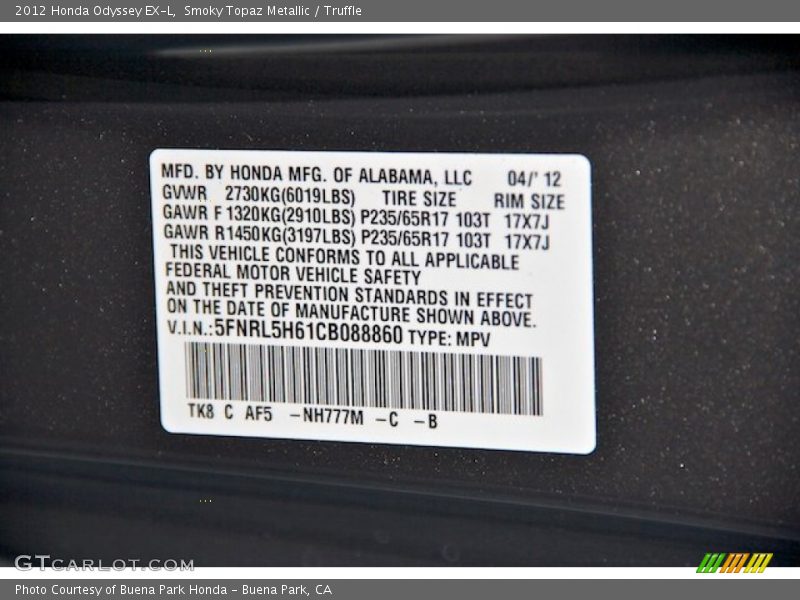 Smoky Topaz Metallic / Truffle 2012 Honda Odyssey EX-L