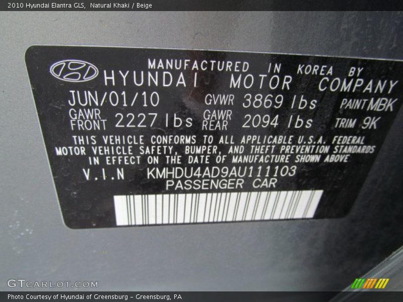 Natural Khaki / Beige 2010 Hyundai Elantra GLS