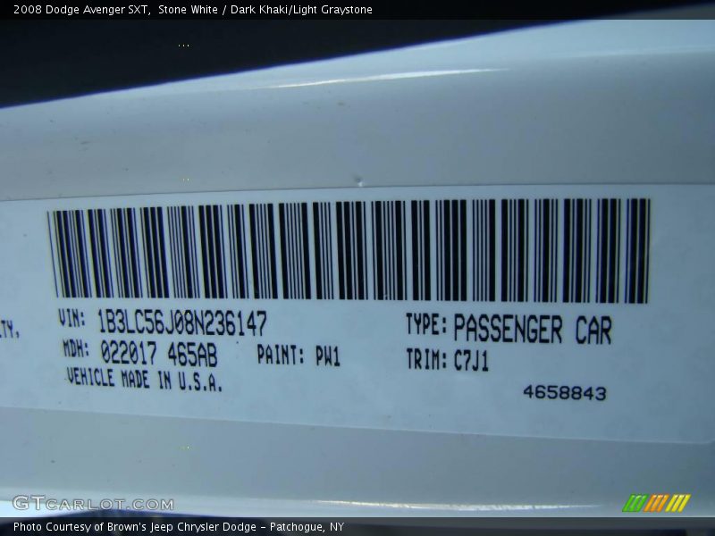 Stone White / Dark Khaki/Light Graystone 2008 Dodge Avenger SXT