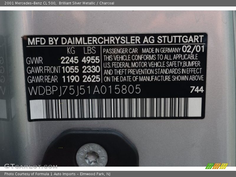 Brilliant Silver Metallic / Charcoal 2001 Mercedes-Benz CL 500