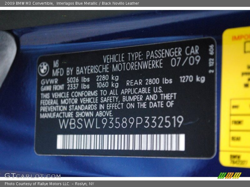 Info Tag of 2009 M3 Convertible