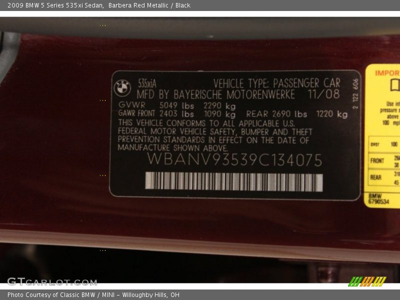 Barbera Red Metallic / Black 2009 BMW 5 Series 535xi Sedan