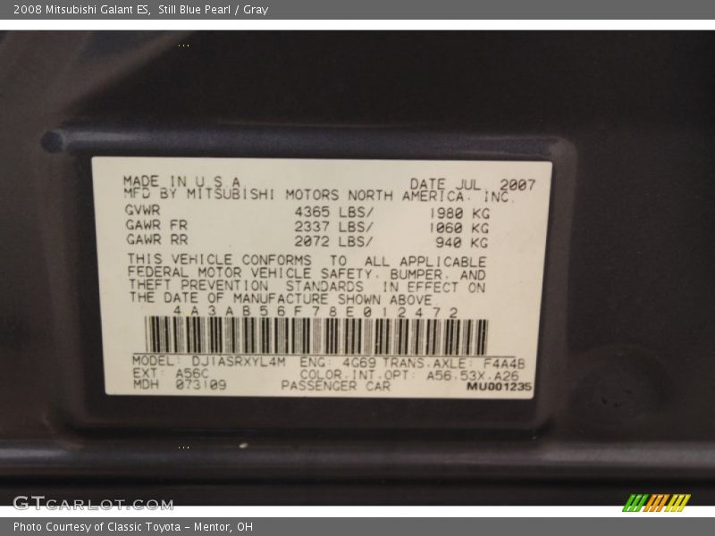 2008 Galant ES Still Blue Pearl Color Code A56