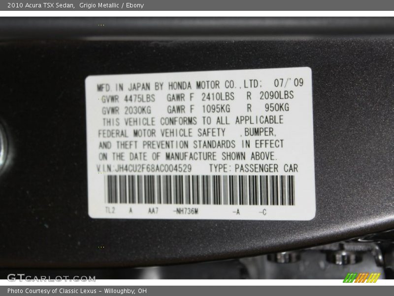 Grigio Metallic / Ebony 2010 Acura TSX Sedan