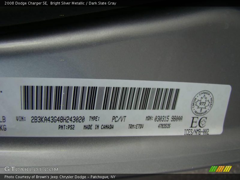 Bright Silver Metallic / Dark Slate Gray 2008 Dodge Charger SE
