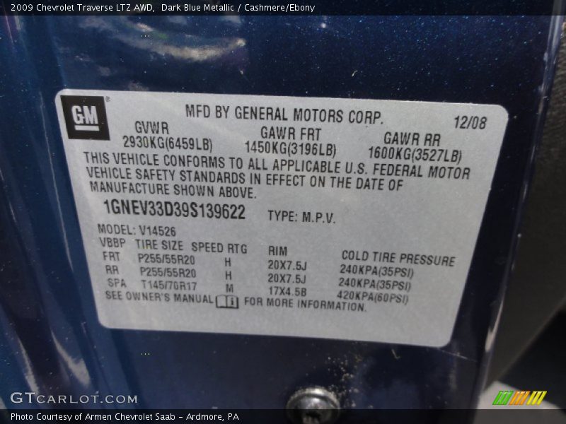 Dark Blue Metallic / Cashmere/Ebony 2009 Chevrolet Traverse LTZ AWD