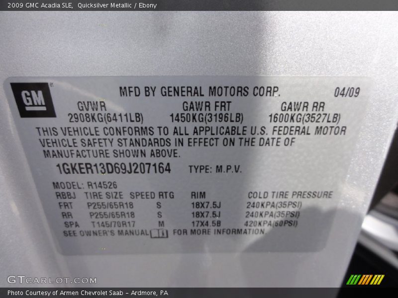 Quicksilver Metallic / Ebony 2009 GMC Acadia SLE