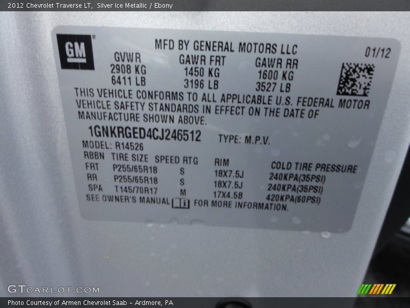 Silver Ice Metallic / Ebony 2012 Chevrolet Traverse LT
