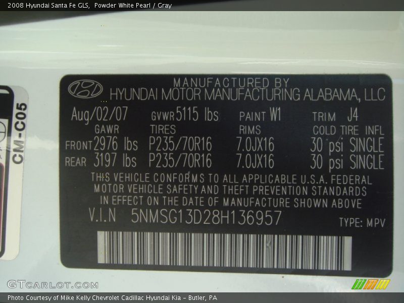 Powder White Pearl / Gray 2008 Hyundai Santa Fe GLS