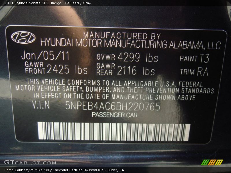 Indigo Blue Pearl / Gray 2011 Hyundai Sonata GLS